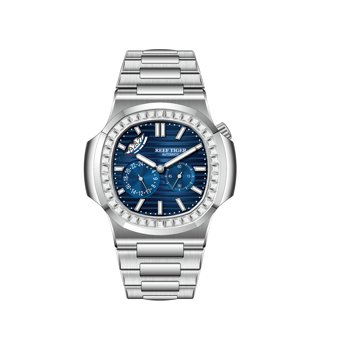 Luxury Men's 44mm Square Crystal Bezel Automatic Watch | Reef Tiger RGA2019 24-Hour Multi-Dial Business Wrist Watches