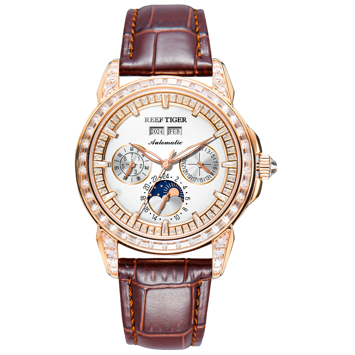 Luxuriöse, multifunktionale, mechanische Herrenuhr mit Mondphase und automatischer Anzeige in Roségold und Zirkonia-Lünette – Reef Tiger RGA1988