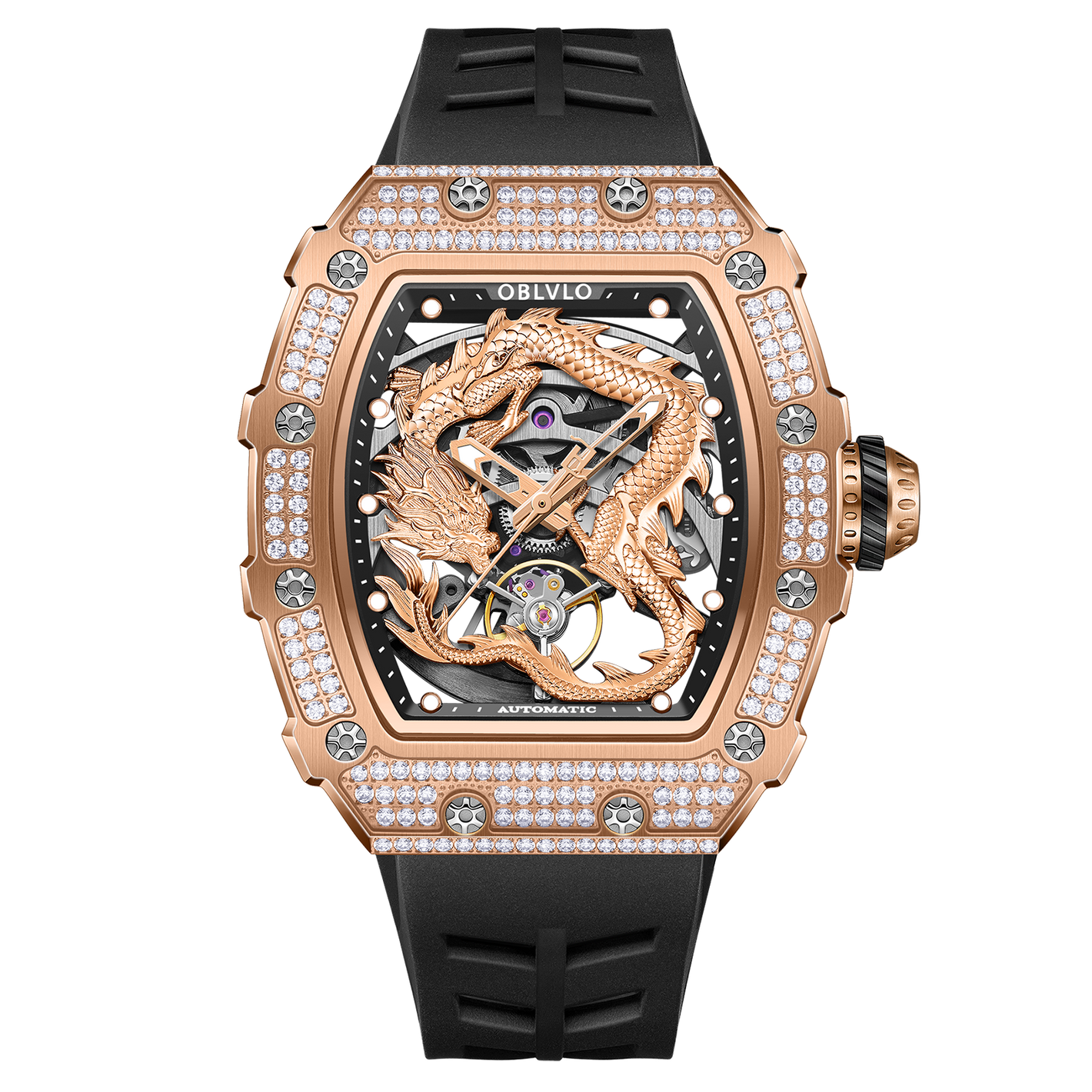 Best Luxury OBLVLO Rose Gold Chinese Dragon Diamond Watch for Men and Women