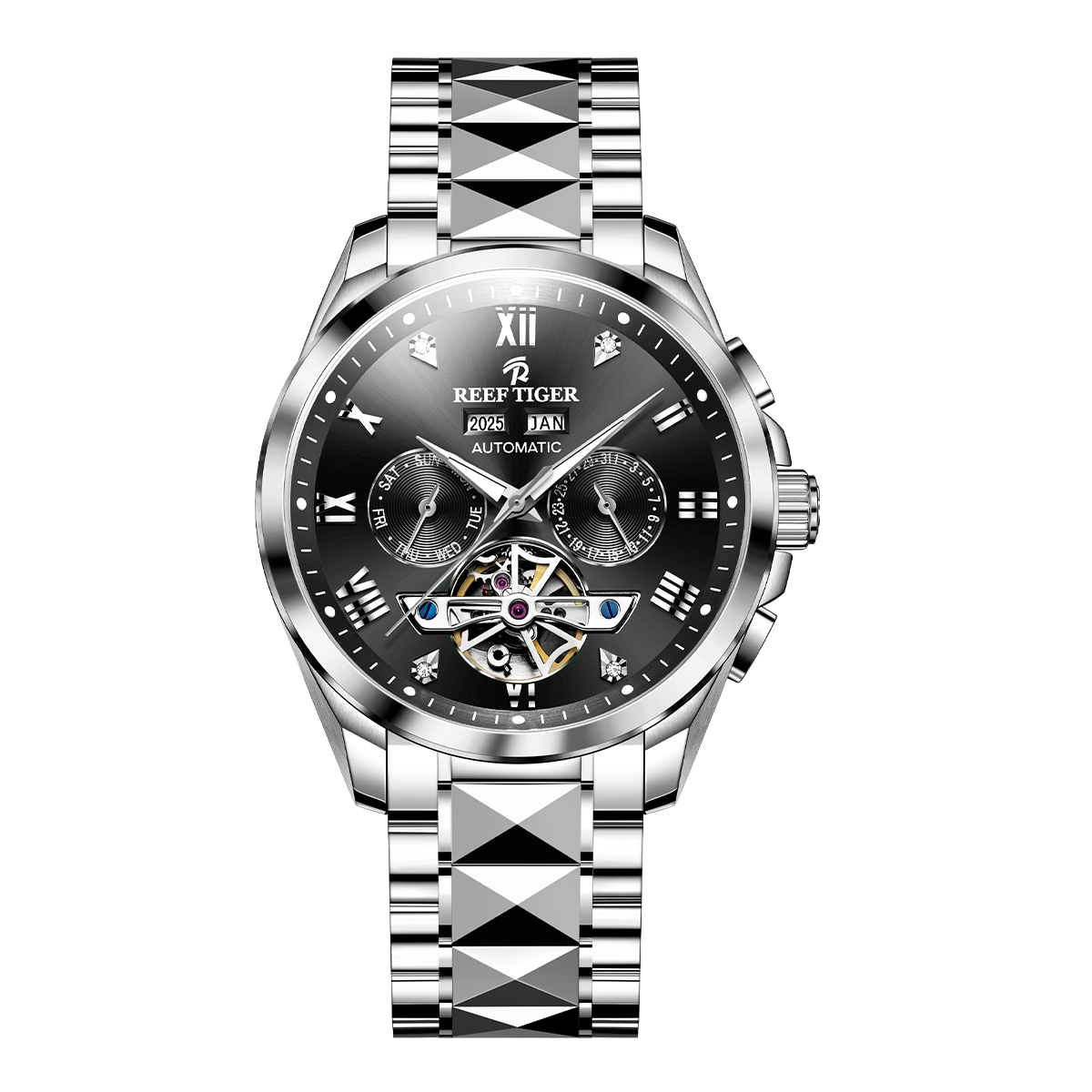 Erschwingliche Luxus-Klassiker-Automatikuhr im Tourbillon-Stil mit Tag- und Datumsanzeige – Reef Tiger RGA8235