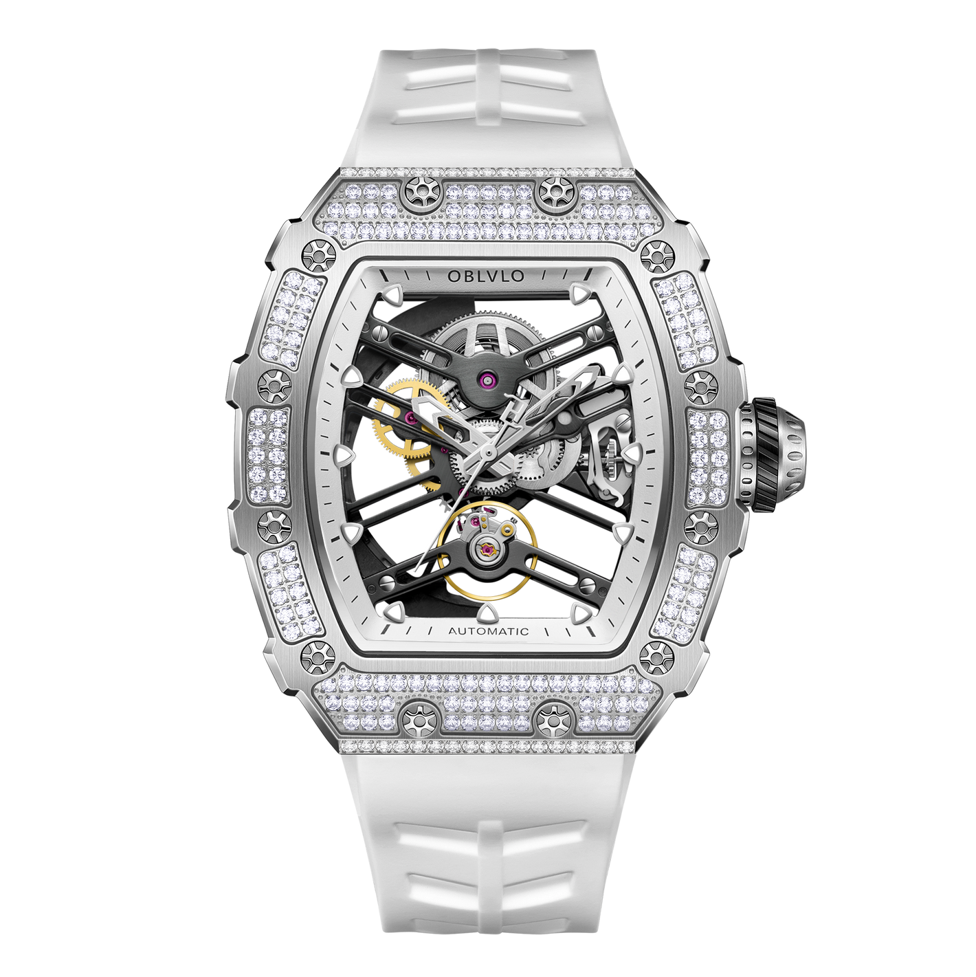 High Quality OBLVLO XM XSK Series White Crystal Diamond Skeleton Watches