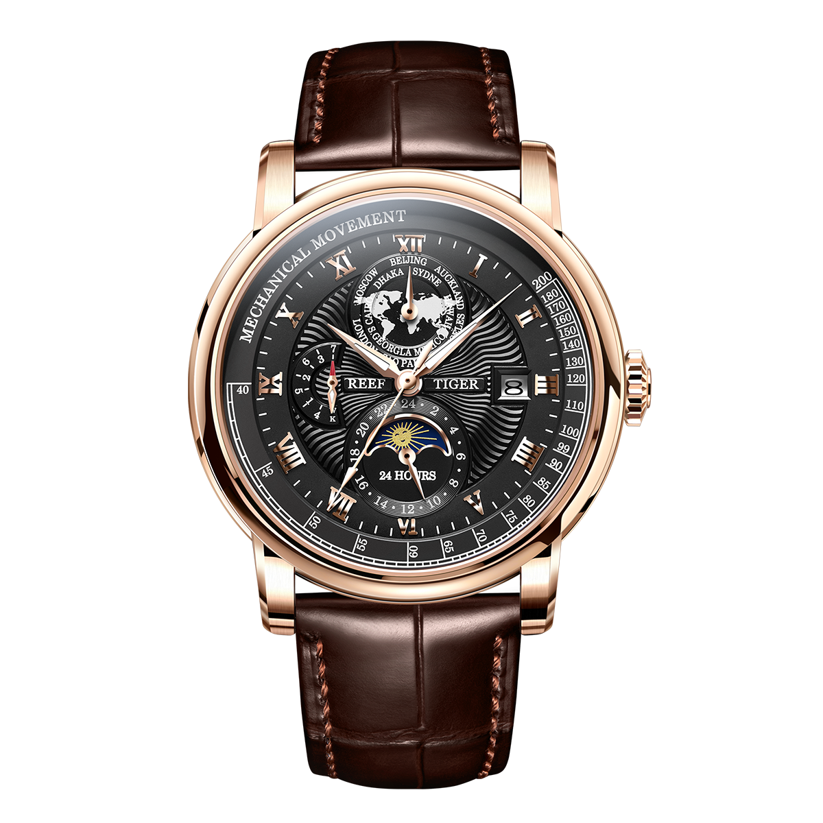 Reef Tiger RGA1963 Mechanische Herrenuhr aus Roségold – Kalender- und Mondphasenanzeige, Business Casual für Herren