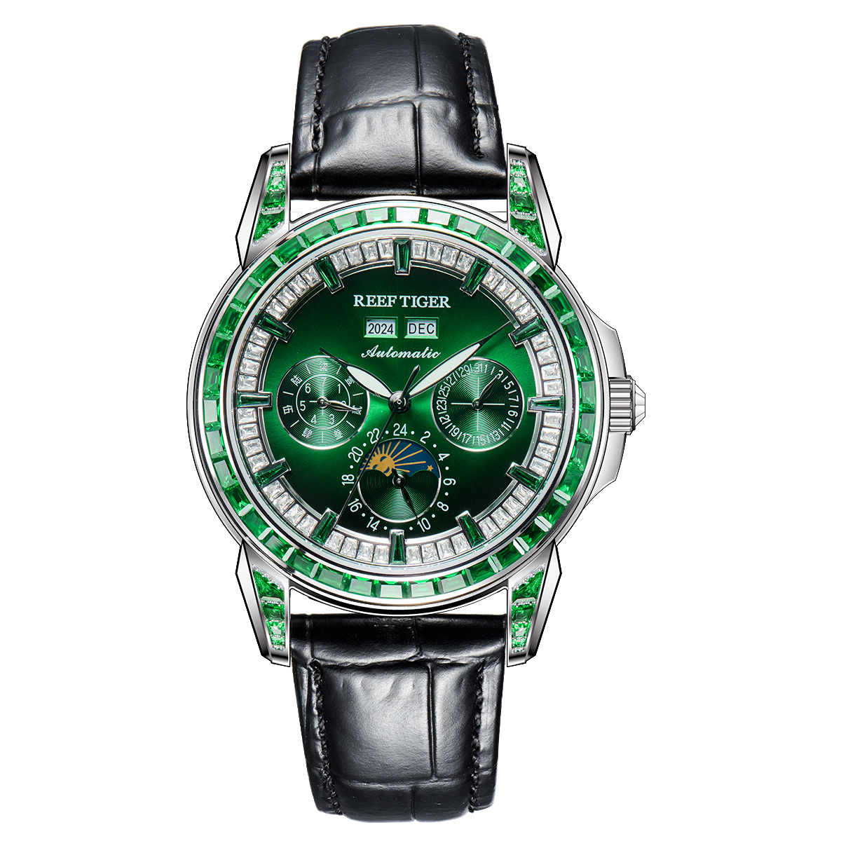 Erschwingliche Luxus-Klassiker mit grünem Zirkonia, automatische, multifunktionale, mechanische Mondphasenuhr – Reef Tiger RGA1988