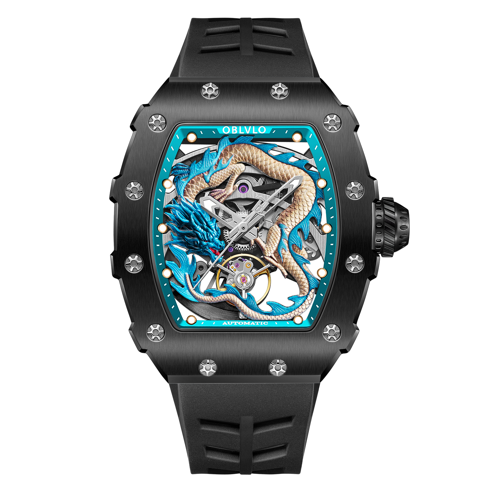 Cool Unique Black PVD Case Blue Chinese Dragon Skeleton Watch OBLVLO DRAGON Series