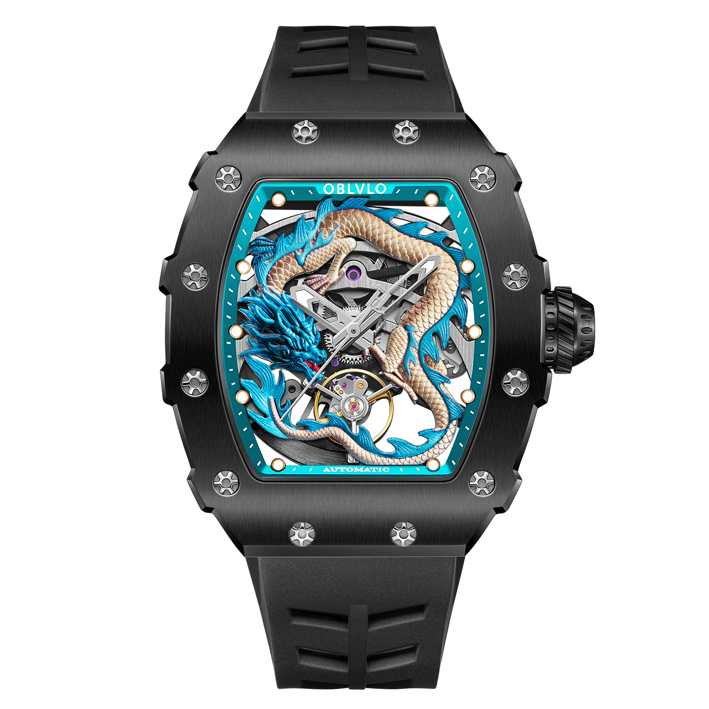 Cool Unique Black PVD Case & Blue Chinese Dragon Skeleton Watch - OBLVLO DRAGON Series