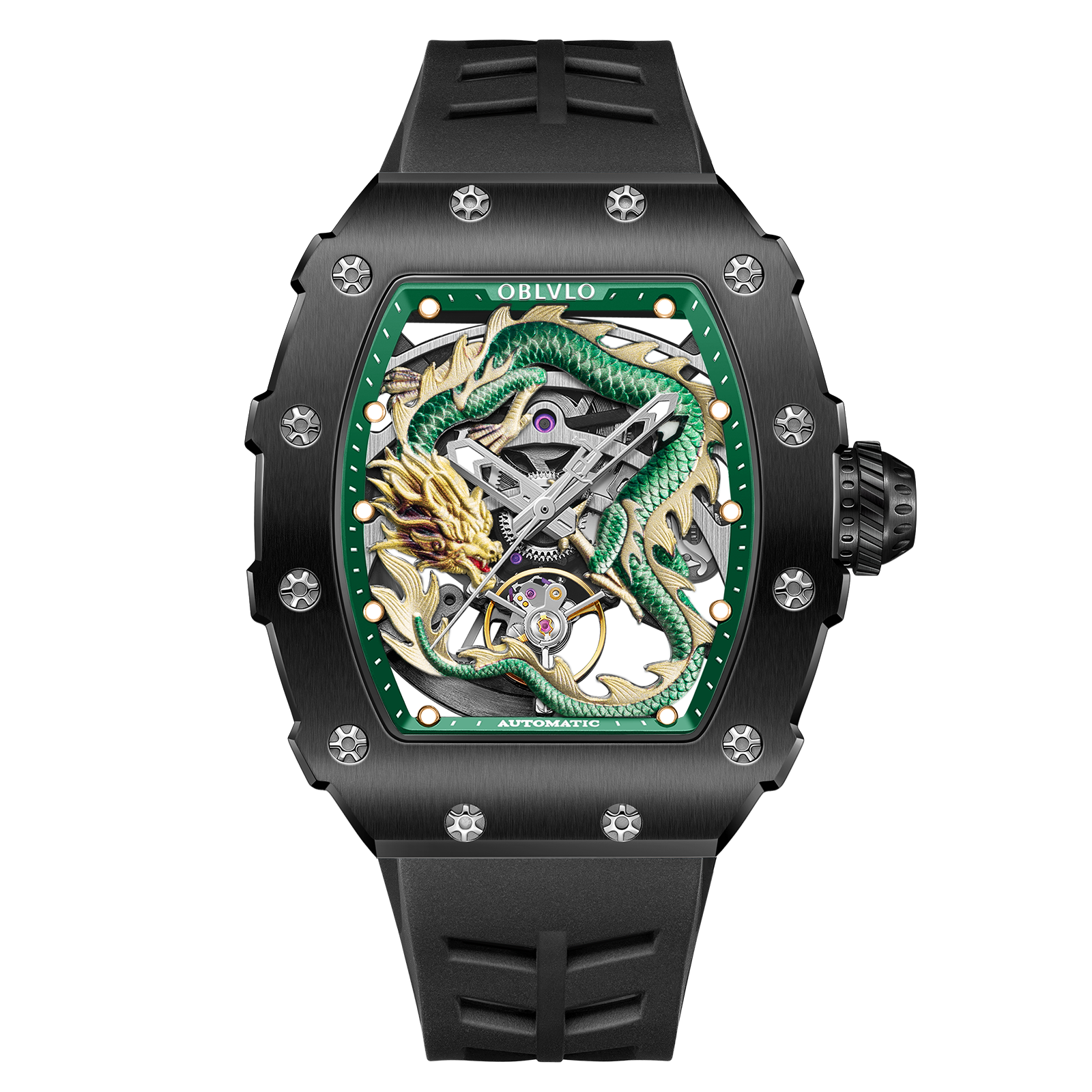 Luxury Unique Green Chinese Dragon Skeleton Watches OBLVLO XM DRAGON Series