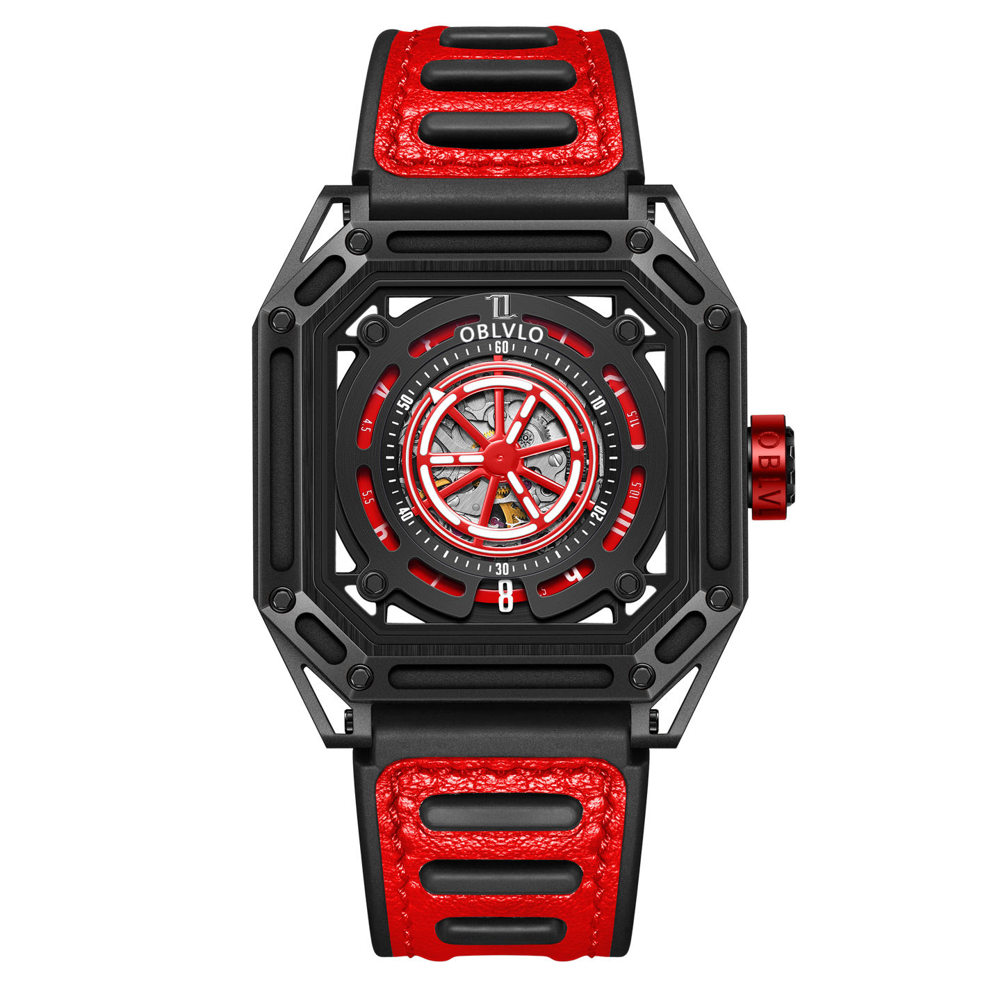 Affordable Luxury Skeleton Military Watches For Men - Red Oblvlo AK-S-BBBR