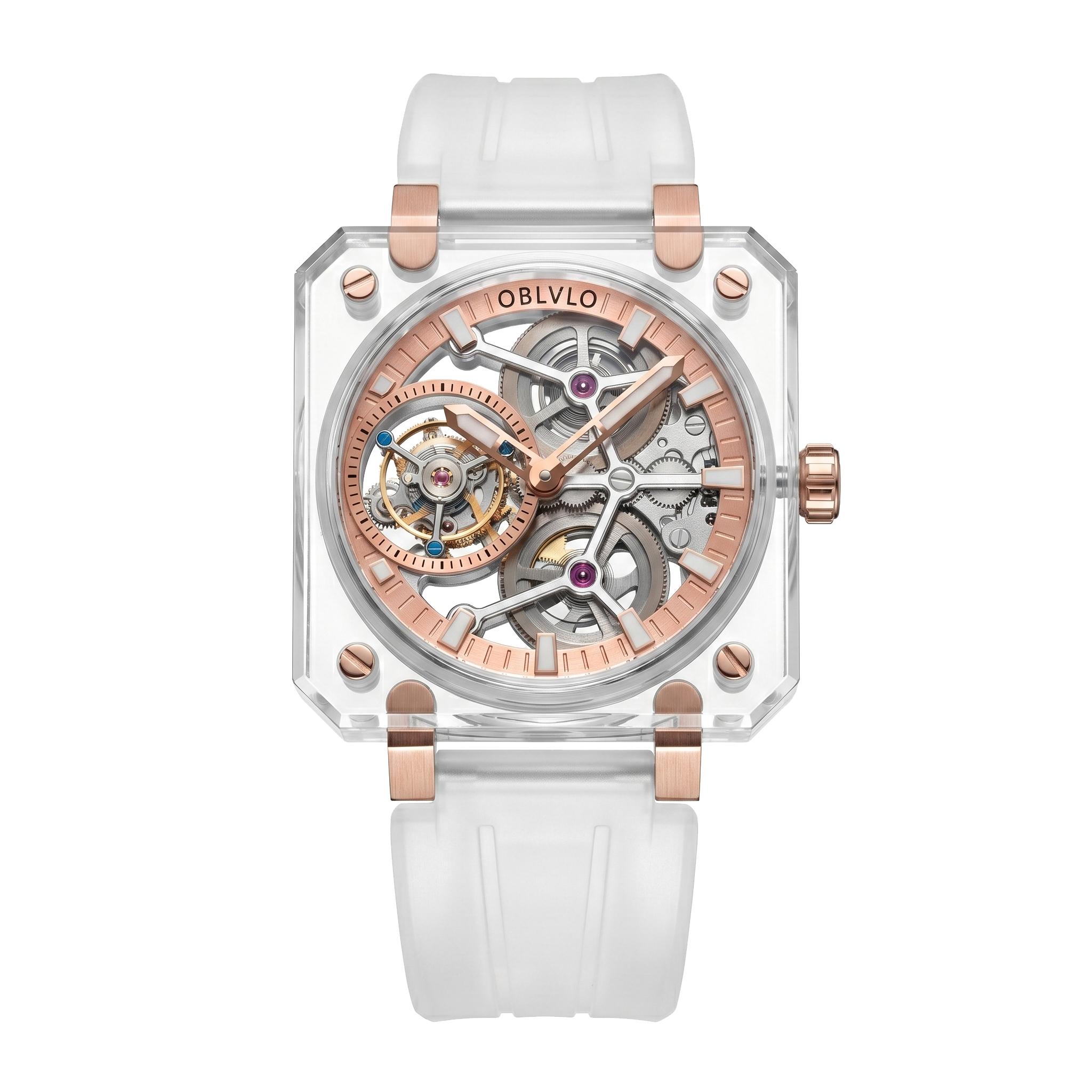 OBLVLO Affordable Luxury Rose Gold Skeleton Tourbillon Wrist Watch For