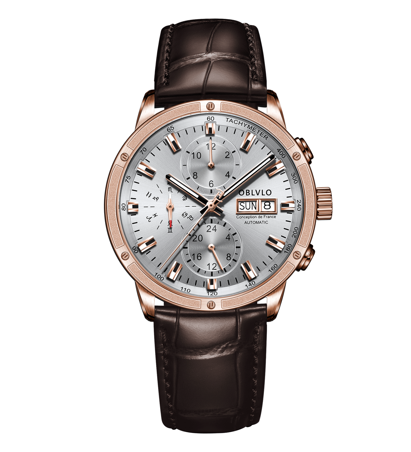 Luxury Rose Gold Automatic Chronograph Watch - Silver Dial Oblvlo CM2 PWW