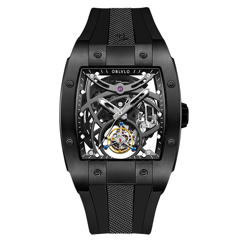 Best Luxury Skeleton Flying Tourbillon Watch Black PVD Oblvlo EM-RT