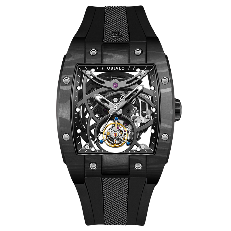 Luxury Black Carbon Fiber Skeleton Flying Tourbillon Watch - OBLVLO EM-RT CBBB