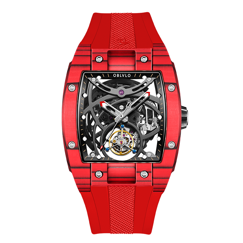 Luxury OBLVLO EM-RT Skeleton Flying Tourbillon Watch - Red Carbon Fiber CBRR