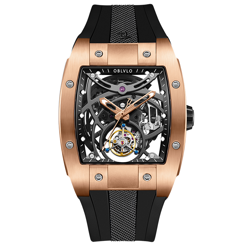 Best Luxury Rose Gold Skeleton Flying Tourbillon Watch Oblvlo EM-RT