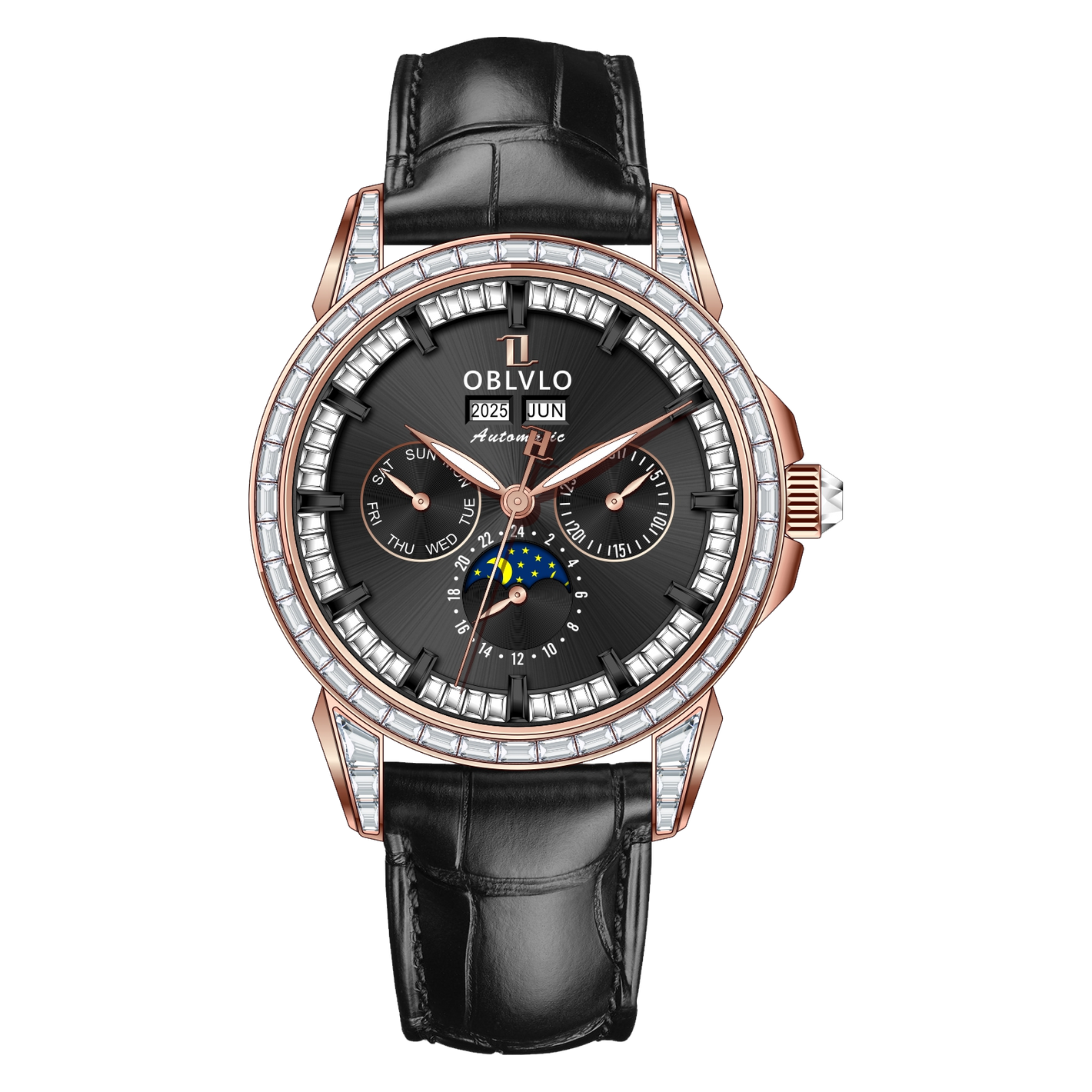 OBLVLO GCM-MUT - Affordable Black Dial & White Zirconia Bezel Rose Gold Multifunction Moon Phase Style Automatic Watch