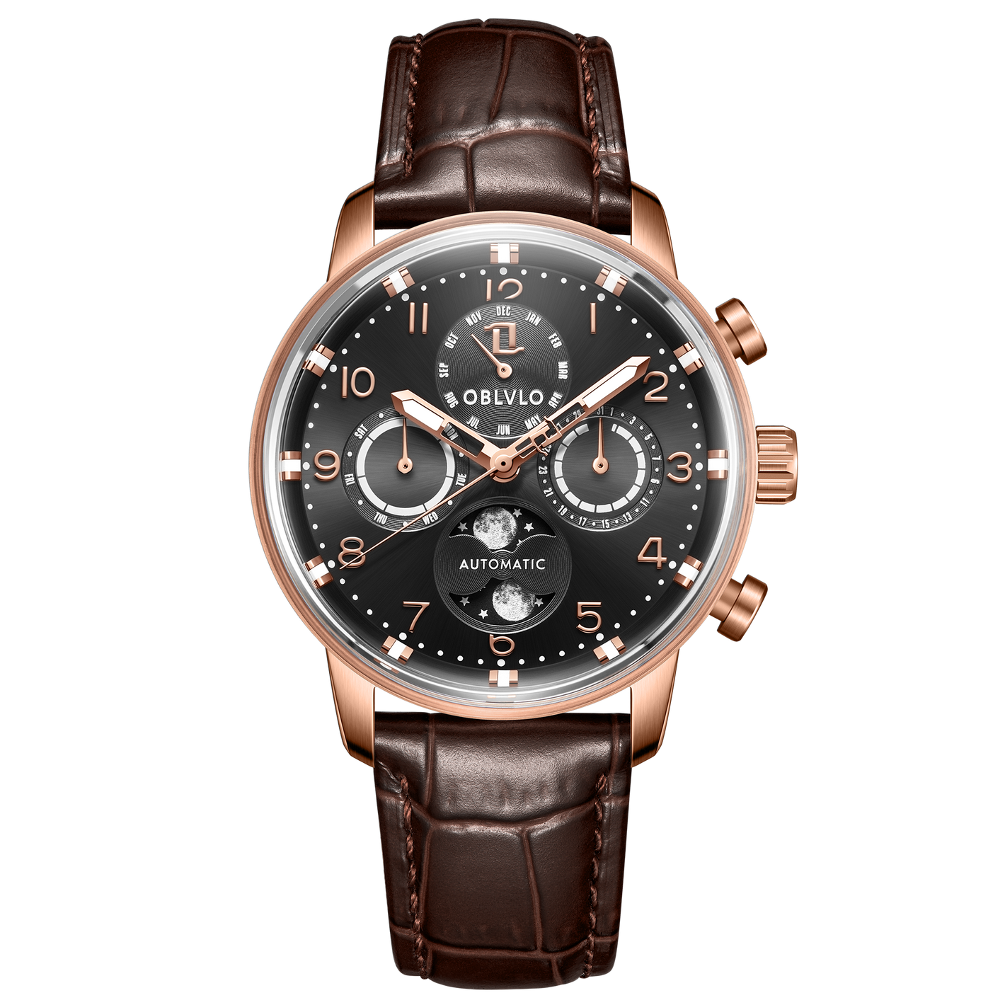 OBLVLO IM MUT-MP Classic Moon phase Style Luxury Rose Gold Mechanical Dress Watch