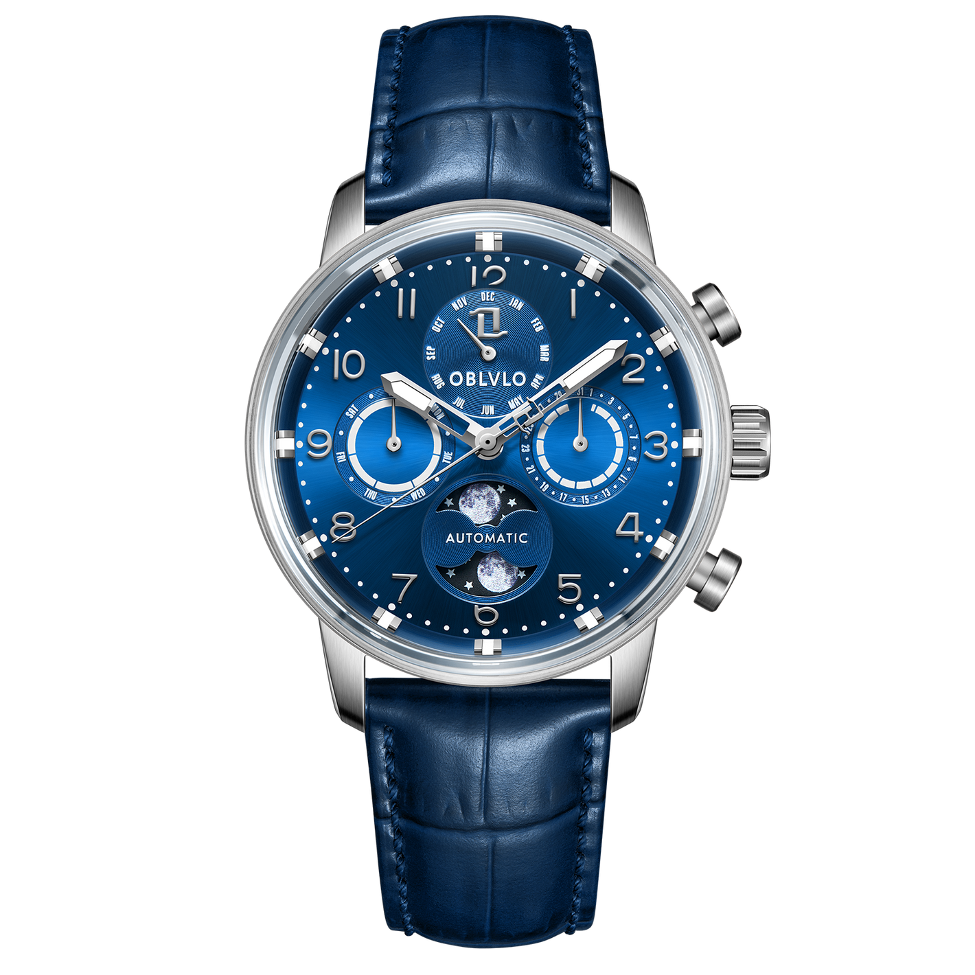 Luxury OBLVLO IM MUT-MP Men's Vintage Blue Dial & Moon Phase Style Automatic Watch