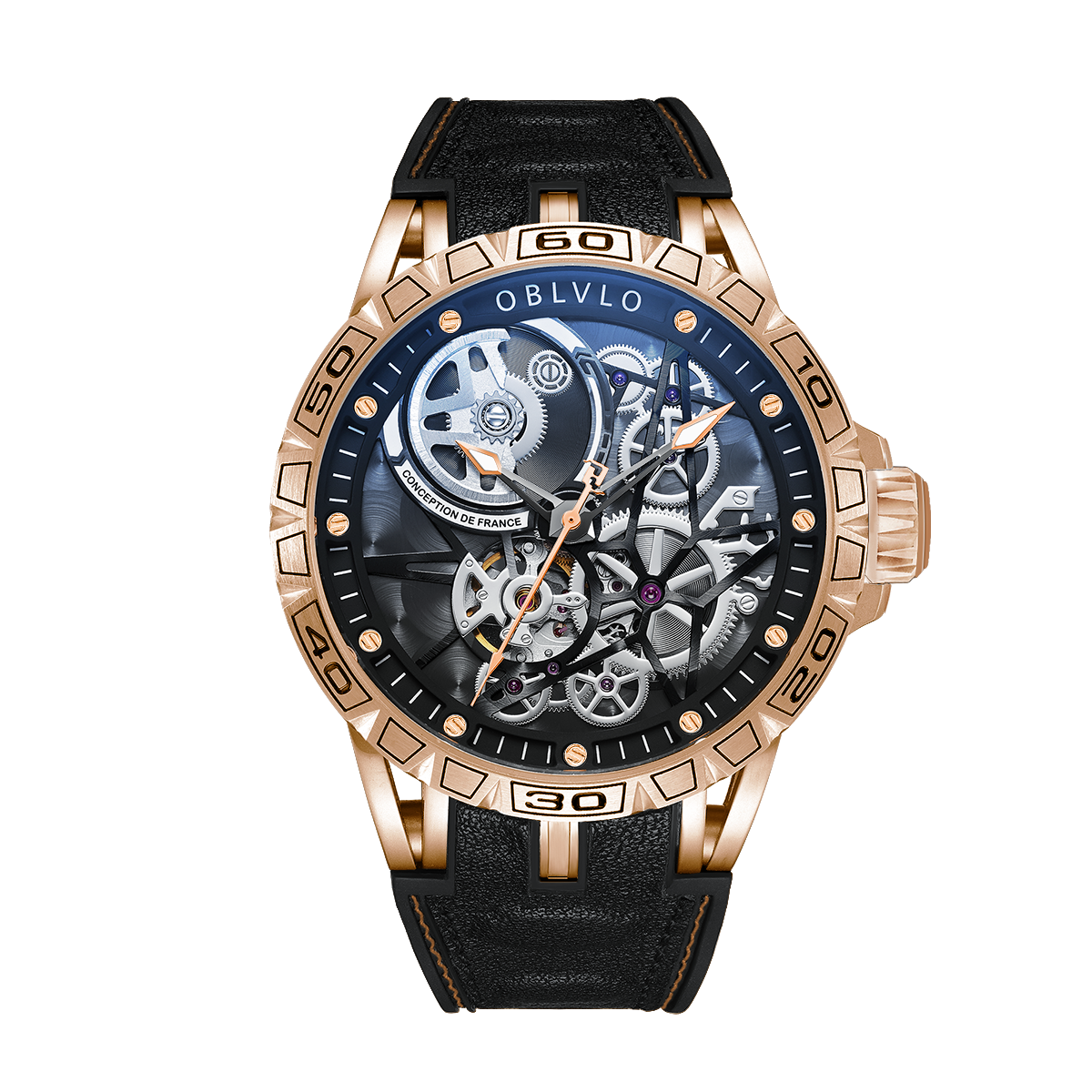 Cool Oblvlo LM Series Luxury Automatic Skeleton Rose Gold Watch For Men