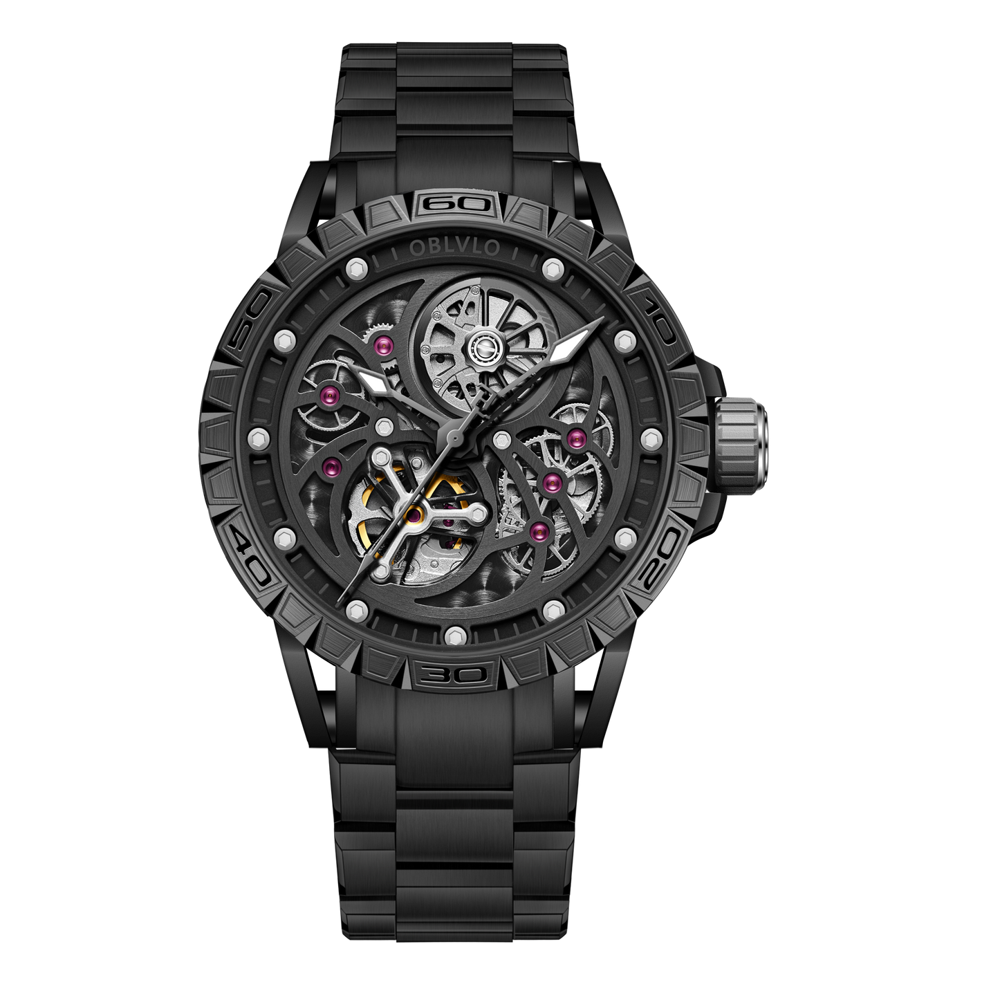Oblvlo LMS-S BRB Series Luxury Black PVD Automatic Skeleton Watches For Men