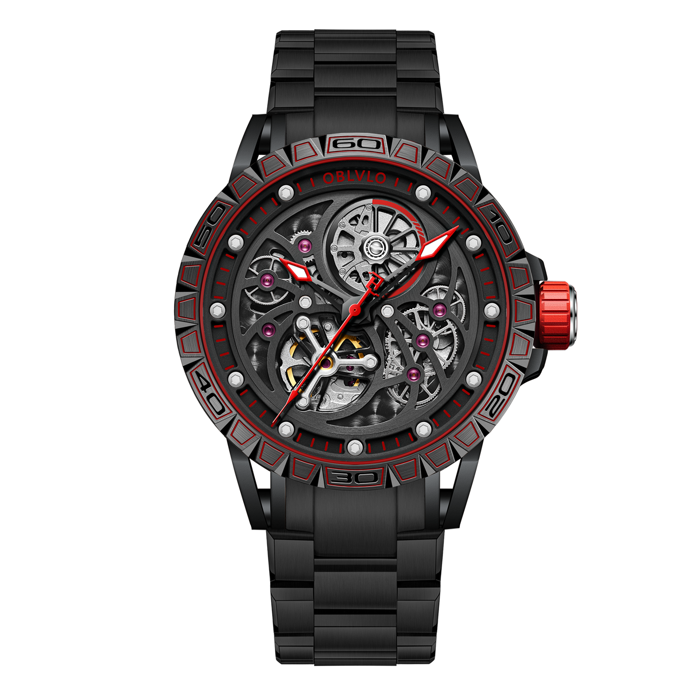 Oblvlo LMS-S BRB Series Black PVD Luxury Automatic Skeleton Watches For Men
