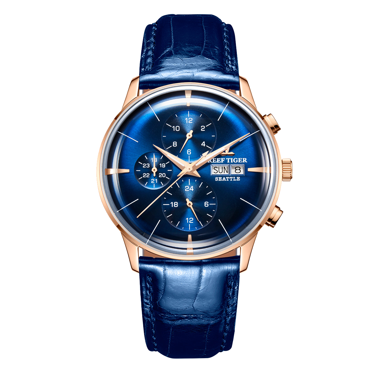 Affordable Dress Chronograph Rose Gold Watches from Reef Tiger Luxury Seattle Chiefs