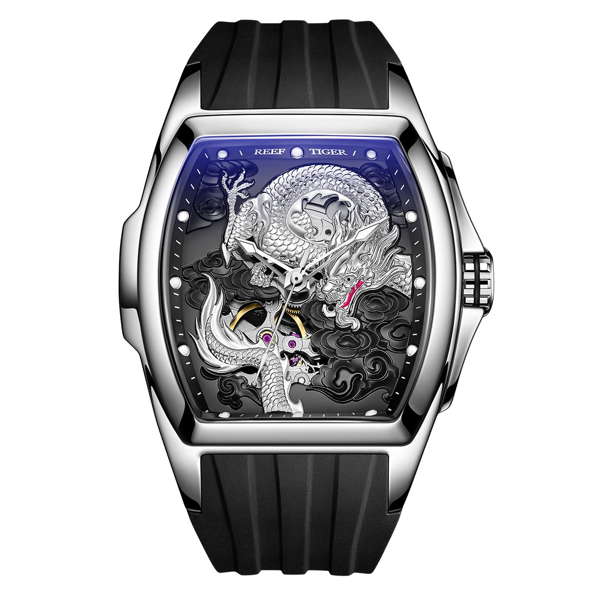 Reef Tiger Aurora Series - Cool Unique Silver China Dragon Skeleton Automatic Watches for Men