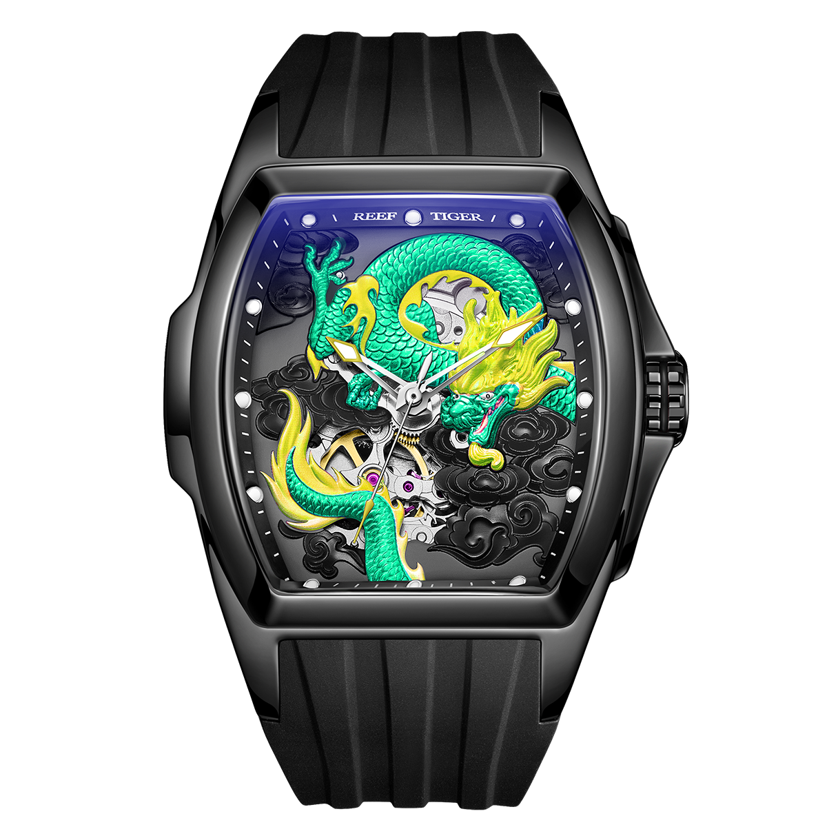 Cool Unique Green China Dragon Skeleton Mens Watches from Reef Tiger Aurora Series