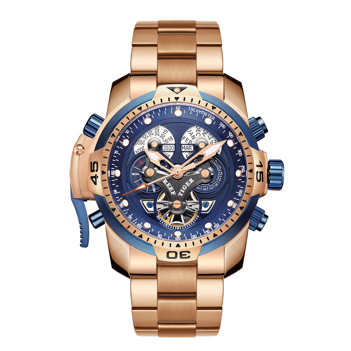 Reef Tiger Aurora Concept Skeleton Herren-Armbanduhr, automatisch, mechanisch, Roségold