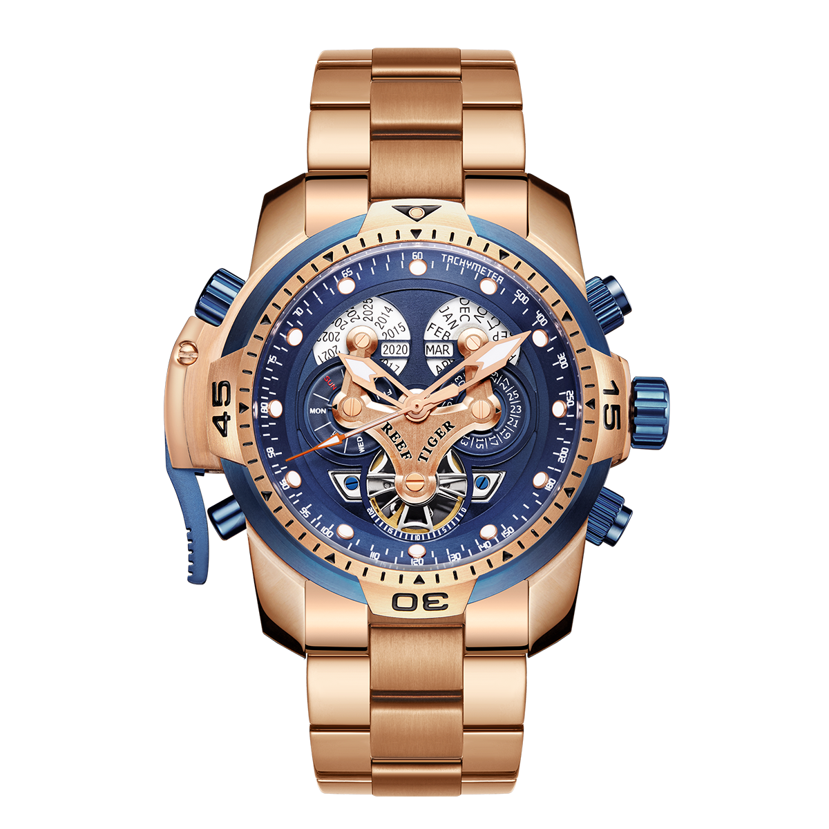 Reef Tiger Aurora Concept Luxus-Skelett-Herrenuhr mit automatischem Aufzug, Roségold