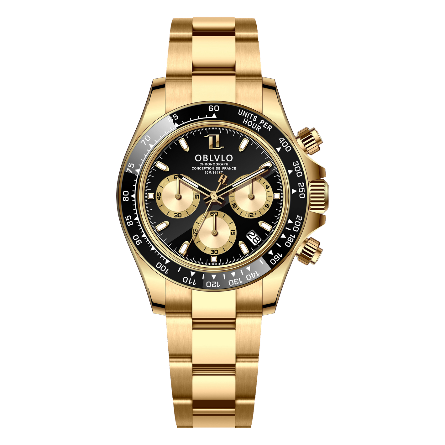 OBLVLO RX-DY 40mm Multi-Dial Chronograph Men's Quartz Watches - Yellow Gold Color Stainless Steel Waterproof Watch