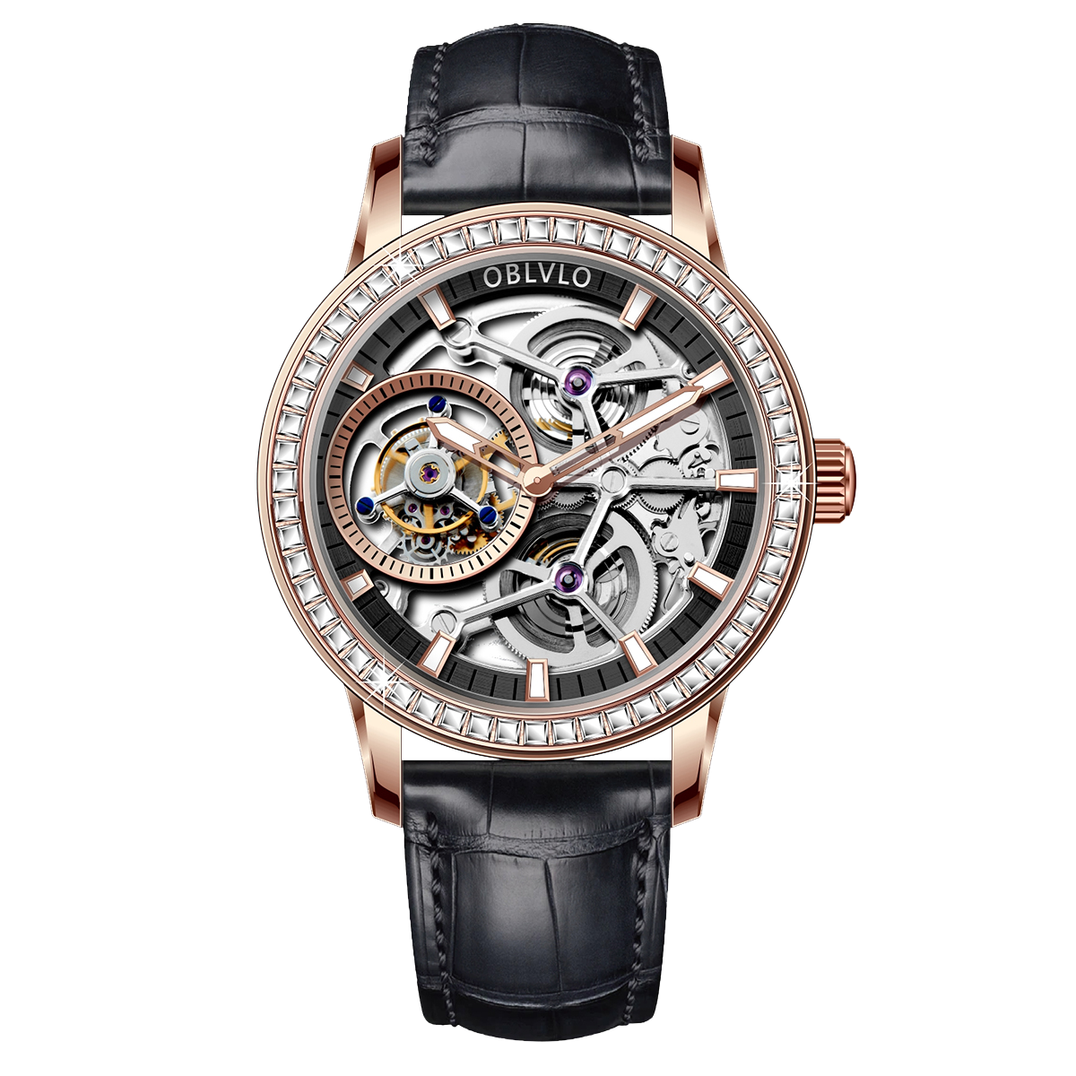 Luxury Rose Gold & Diamond Tourbillon Watches For Men - Oblvlo Design VM-TB DPBW