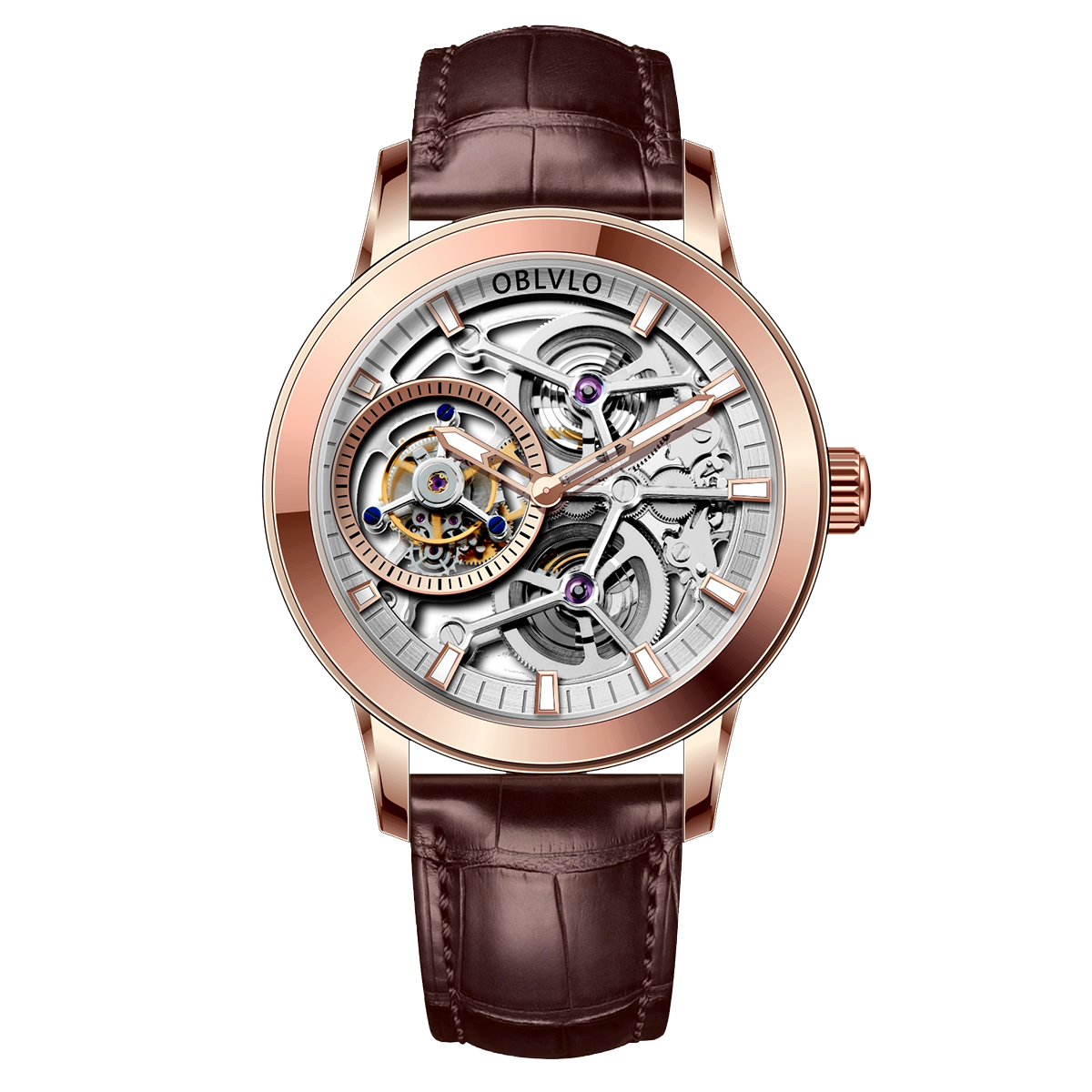 Affordable Luxury Mens Skeleton Tourbillon Rose Gold Watch Oblvlo VM