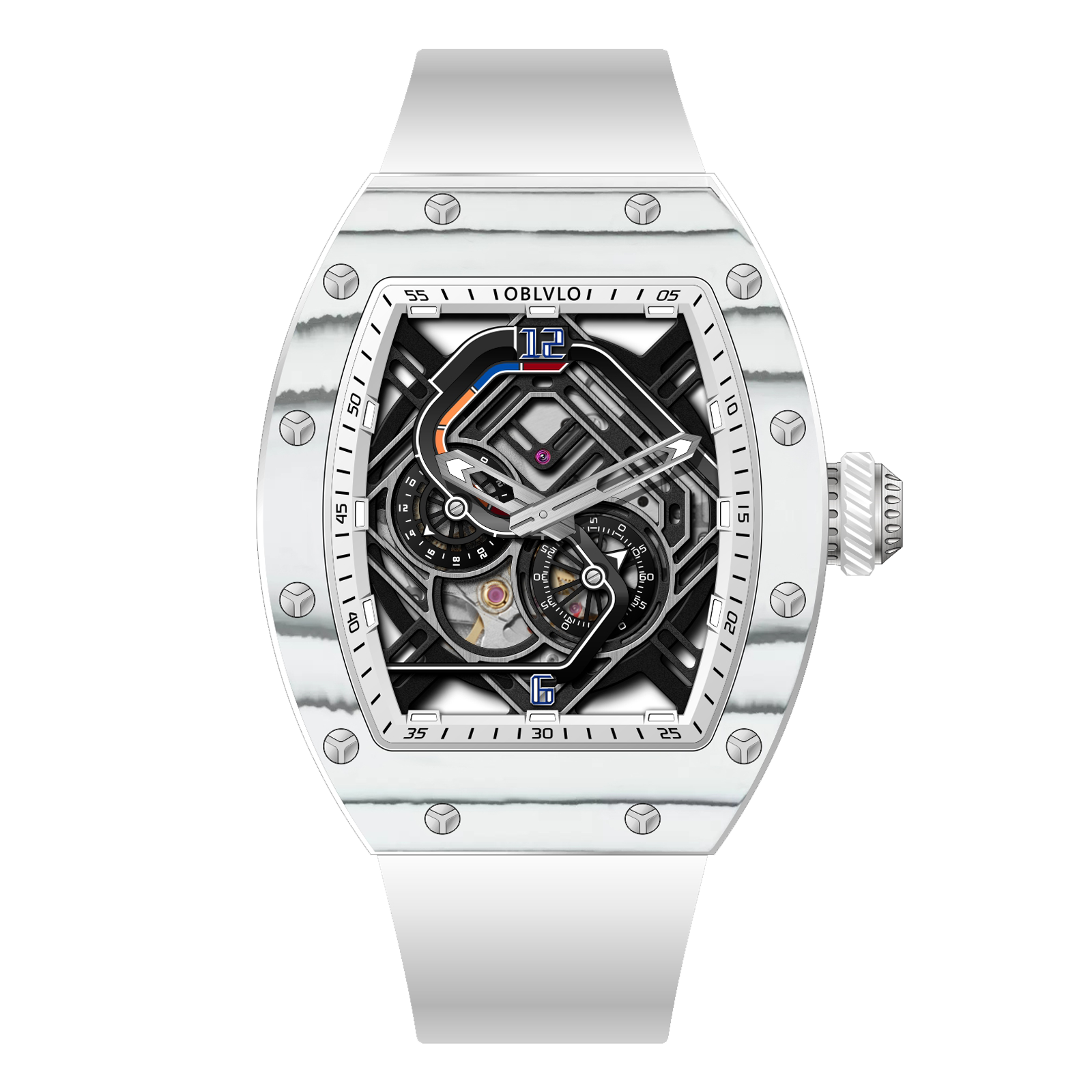 OBLVLO XM-RACING Automatic Mechanical Men's Skeleton Watch - Cool Whit