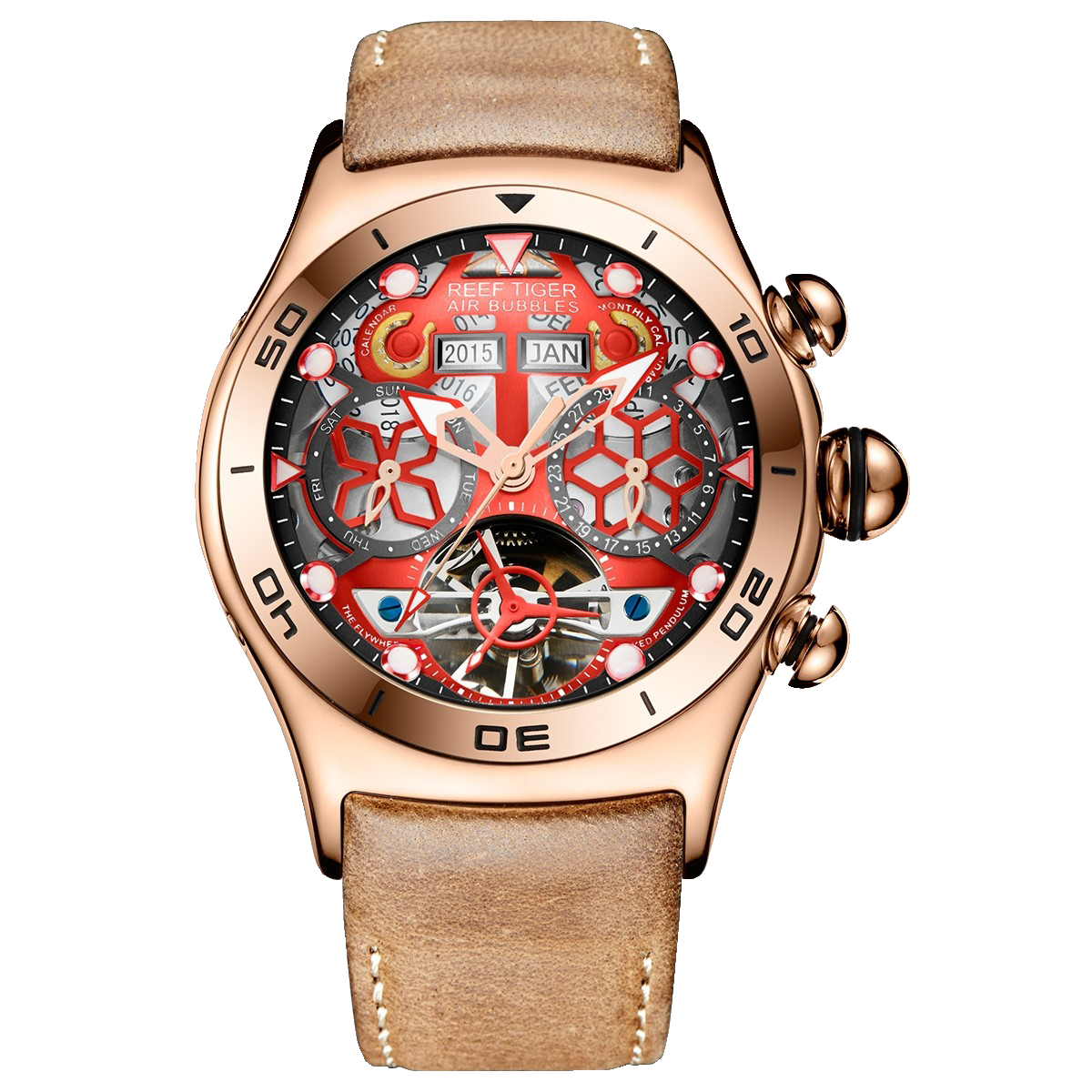Reef Tiger Aurora Air Bubbles Luxury Unique Automatic Skeleton Rose Go