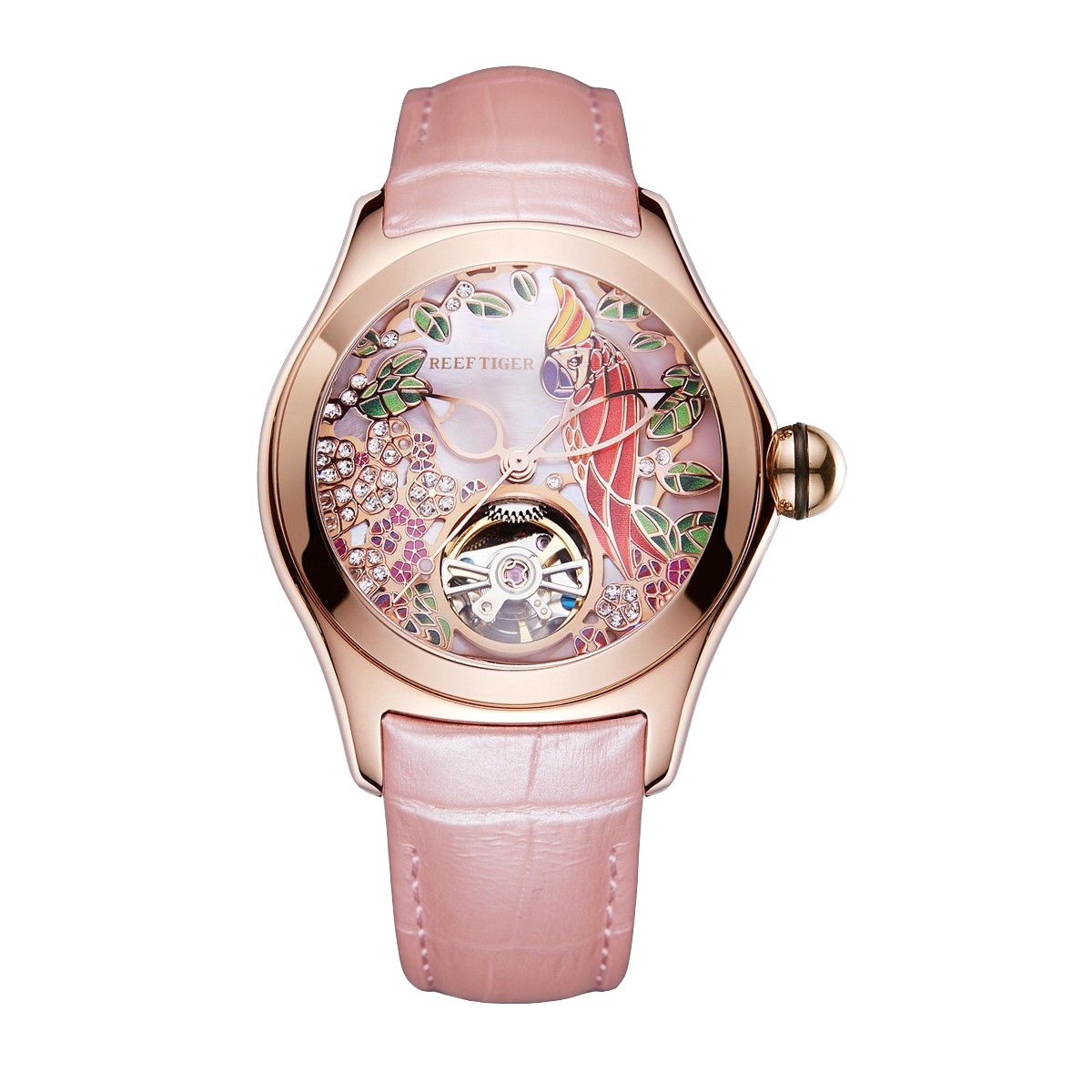Reef Tiger Aurora Parrots Luxury Automatic Rose Gold Diamond Lady Watch