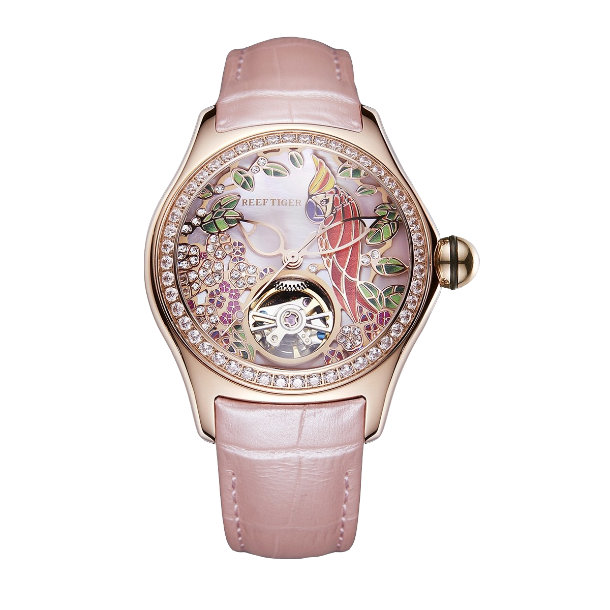 Luxury Rose Gold Women's Diamond Watches - Reef Tiger Aurora Parrots Series Watch