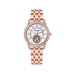OBLVLO CW Rose Gold Women's Fashion Casual Dress Skeleton Dial Automatic Mechanical Watch