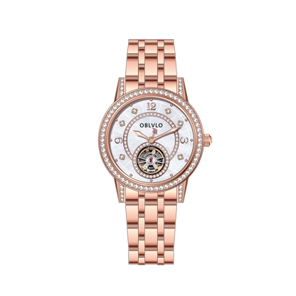 OBLVLO CW Rose Gold Women's Fashion Casual Dress Skeleton Dial Automatic Mechanical Watch