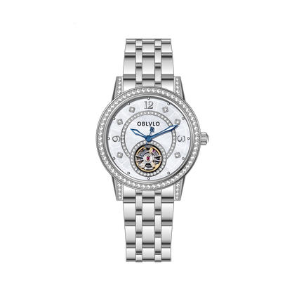 OBLVLO CW Women's Luxury Mechanical Stainless Steel Skeleton Automatic Self Winding Wristwatch