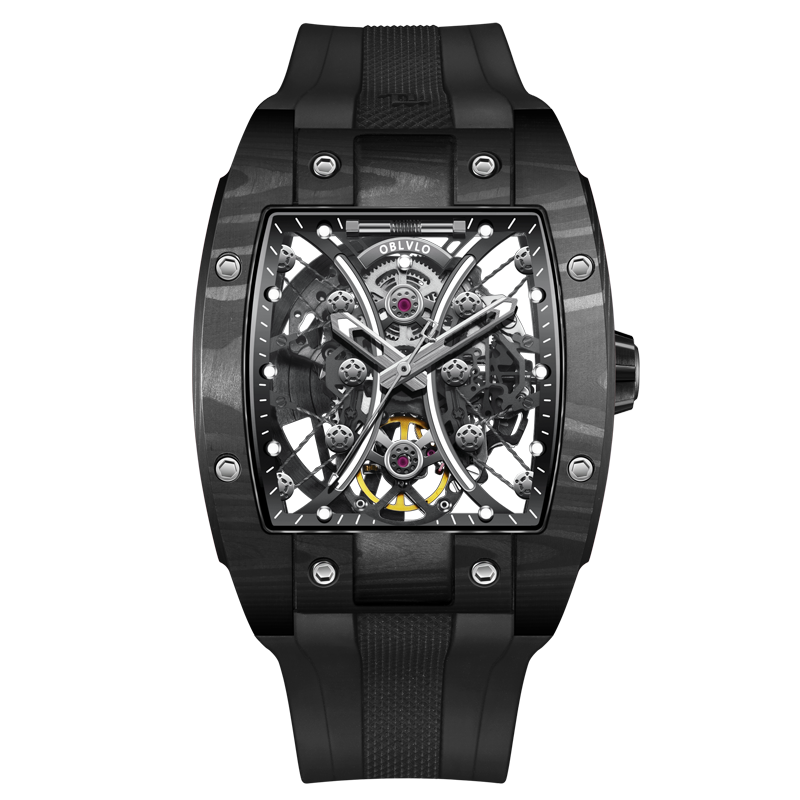 Affordable Luxury Oblvlo Carbon Fiber Tonneau Automatic Skeleton Watches For Men