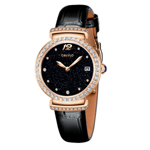 OBLVLO BW-S Rose Gold Starry Sky Dial Quartz Watches - Genuine Leather Strap Watches for Women