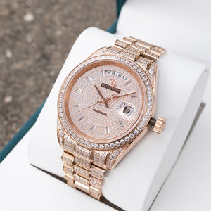 OBLVLO RX-DD-AD Rose Gold Men's Diamond Watch - Luxury 40mm Full White Crystal Dial & Bezel Automatic Watch