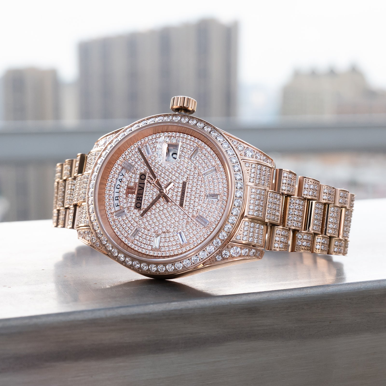 OBLVLO RX-DD-AD Rose Gold Men's Diamond Watch - Luxury 40mm Full White