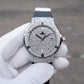OBLVLO HM-AD Men's All-White Iced Out Automatic Watch – Full Diamond Pavé Silver Case & Dial Luxury Mechanical Wristwatch with Date Window & Black Rubber Strap