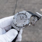 OBLVLO HM-AD Men's All-White Iced Out Automatic Watch – Full Diamond Pavé Silver Case & Dial Luxury Mechanical Wristwatch with Date Window & Black Rubber Strap