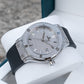 OBLVLO HM-AD Men's All-White Iced Out Automatic Watch – Full Diamond Pavé Silver Case & Dial Luxury Mechanical Wristwatch with Date Window & Black Rubber Strap