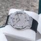 OBLVLO HM-AD Men's All-White Iced Out Automatic Watch – Full Diamond Pavé Silver Case & Dial Luxury Mechanical Wristwatch with Date Window & Black Rubber Strap