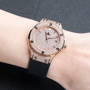 Rose Gold OBLVLO HM-AD Automatic Watch for Men – Full Diamond Case & Dial Luxury Mechanical Wristwatch with Date Window & Black Rubber Strap