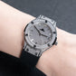 OBLVLO HM-AD Men's All-White Iced Out Automatic Watch – Full Diamond Pavé Silver Case & Dial Luxury Mechanical Wristwatch with Date Window & Black Rubber Strap