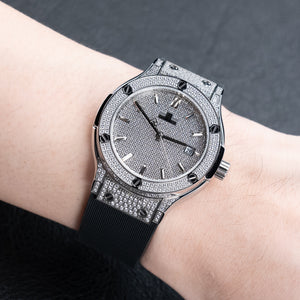 OBLVLO HM-AD Men's All-White Iced Out Automatic Watch – Full Diamond Pavé Silver Case & Dial Luxury Mechanical Wristwatch with Date Window & Black Rubber Strap