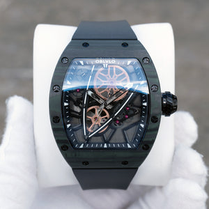 OBLVLO XM-NSK Black Carbon Fiber Watch - Luxury 50M Waterproof Tonneau Automatic Skeleton Watch
